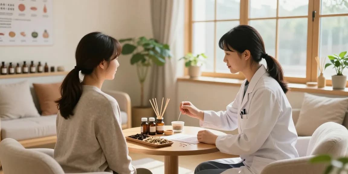 Consultation at 영통한의원 with a practitioner discussing acupuncture treatment in a calming setting