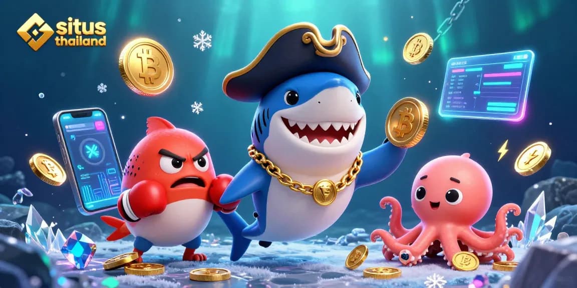 Join the adventure on situs thailand as a cartoon shark and friends explore crypto gaming riches.