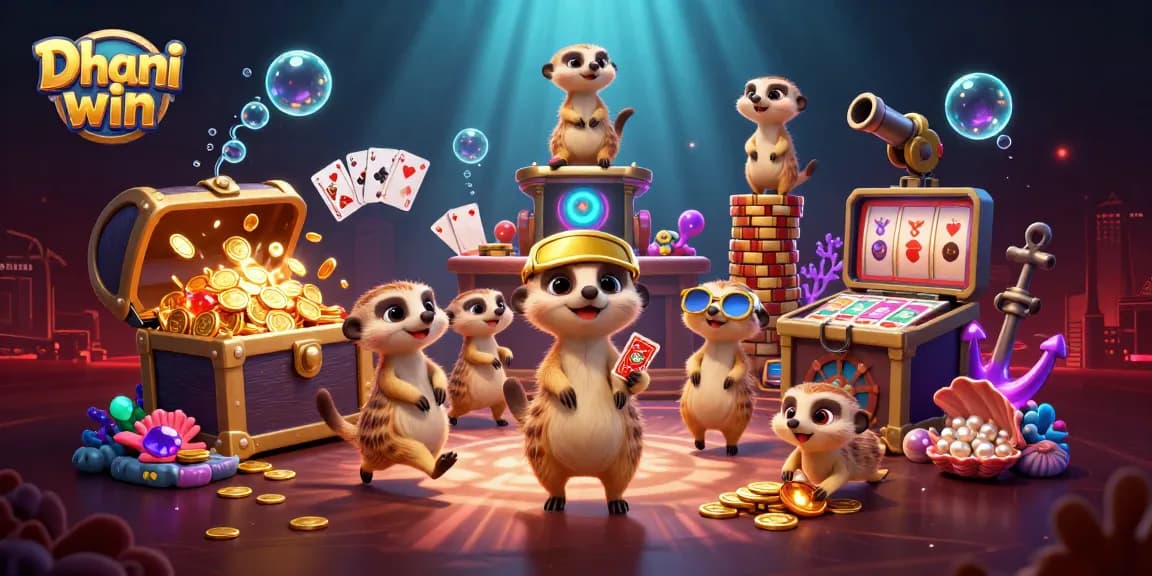 Dhani win game showcases playful meerkats running a lively casino amid treasure and glowing coral reefs.