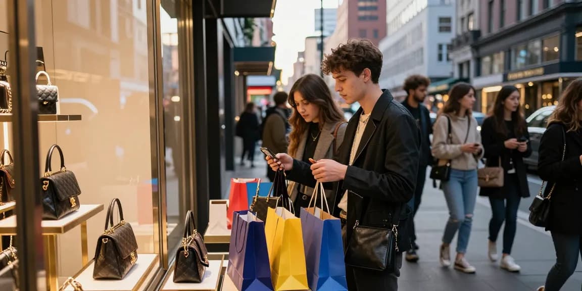 Fashionable shopper exploring quality 명품 레플리카 in stylish urban boutique.