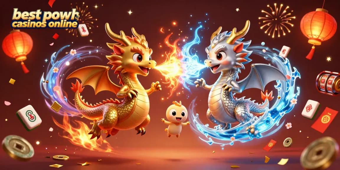 Experience the excitement of best payout casinos online with dynamic dragons and festive casino elements.