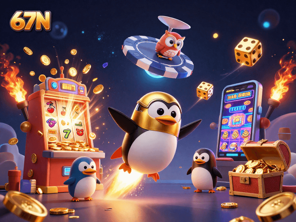 67N: Pinguim dourado voando no espaço com cassino e prêmios reluzentes.