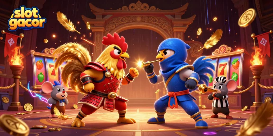 Menangkan slot gacor dengan ilustrasi dramatis dua ayam jantan bertarung di arena perjudian.