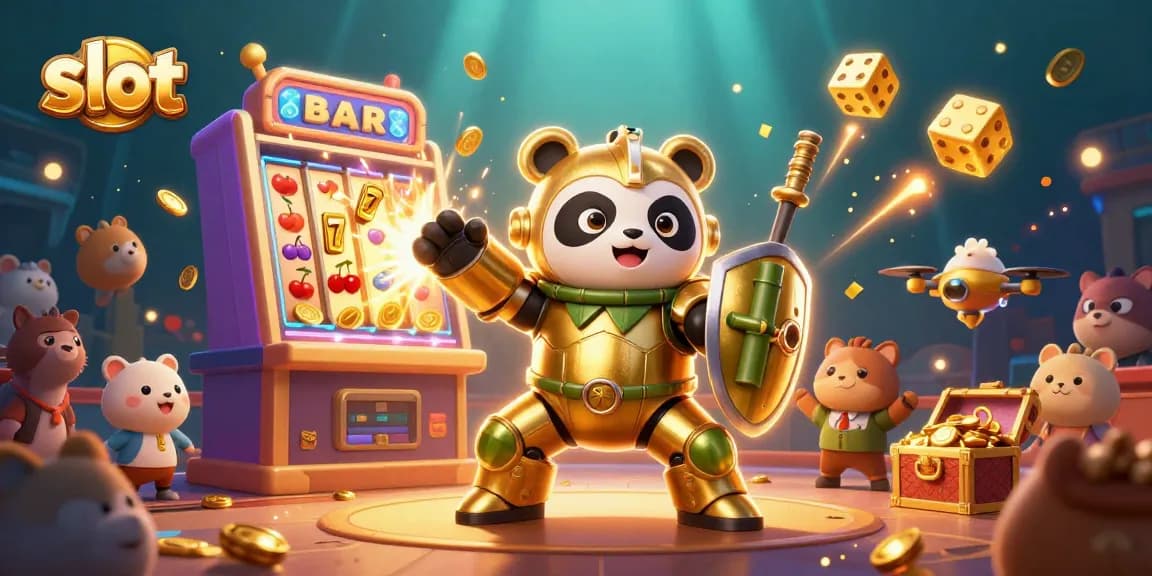 Play exciting slot games with golden pandas and jackpots bursting in this vibrant illustration.