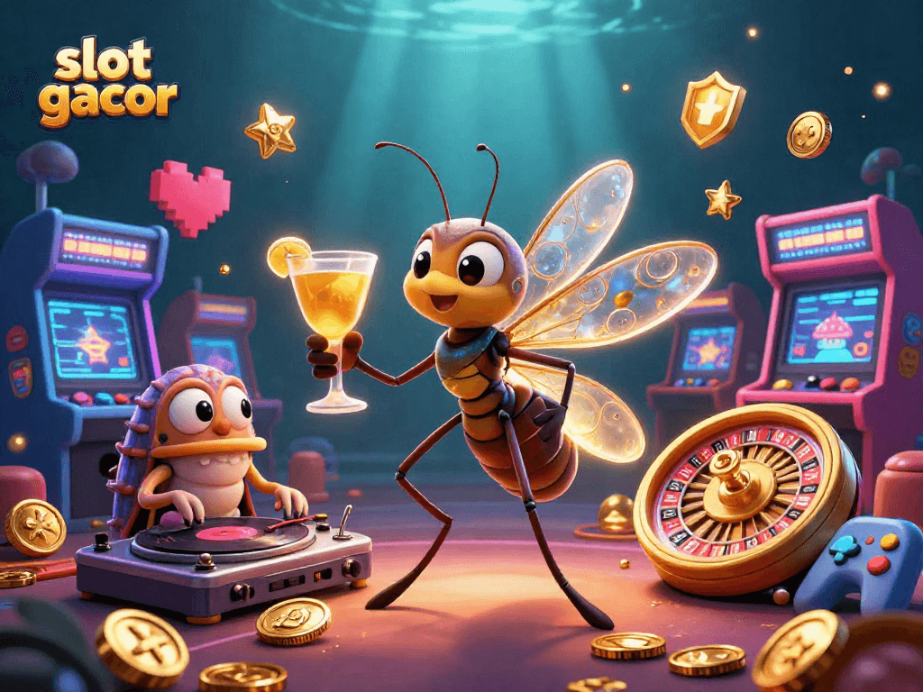 Experience the excitement of slot gacor with colorful casino elements and lively characters.