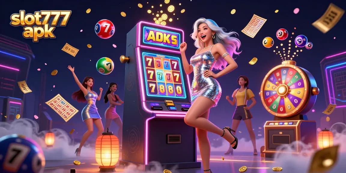 Experience thrilling wins with slot777 apk, featuring vibrant slot machines and a celebratory atmosphere.