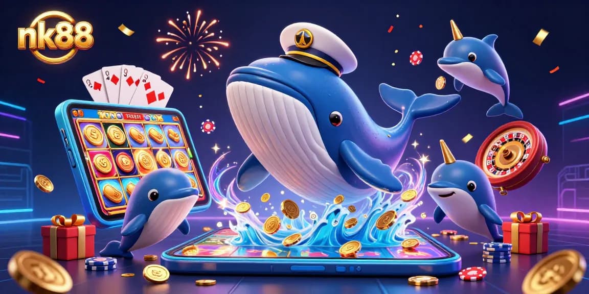 Engage in thrilling play with nk88 featuring a whale, narwhal, and dolphins in a lively casino setting.
