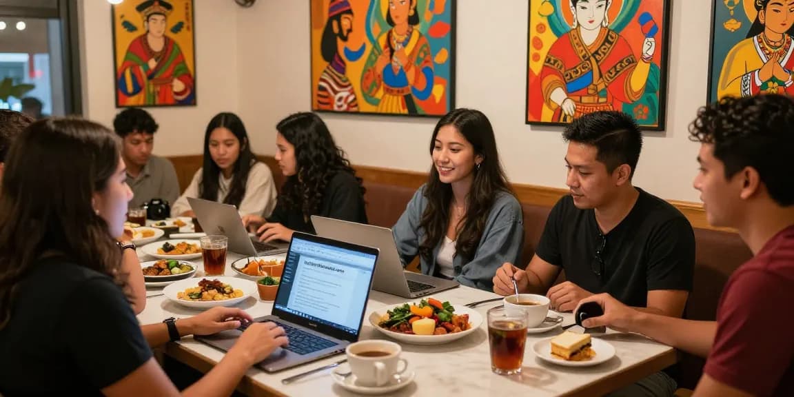 Friends enjoying Asian cuisine and cultural discussions at café, referencing https://hanadultalk.com for content.