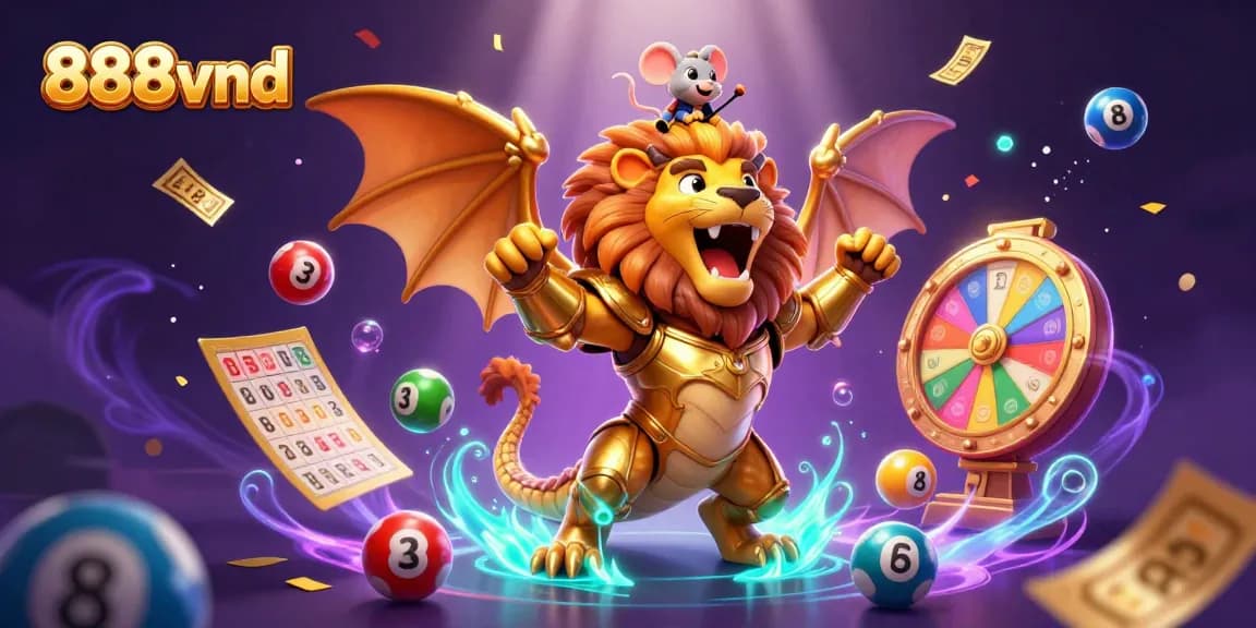 Win big at 888vnd with vibrant lottery balls, a chimera champion, and thrilling prizes!