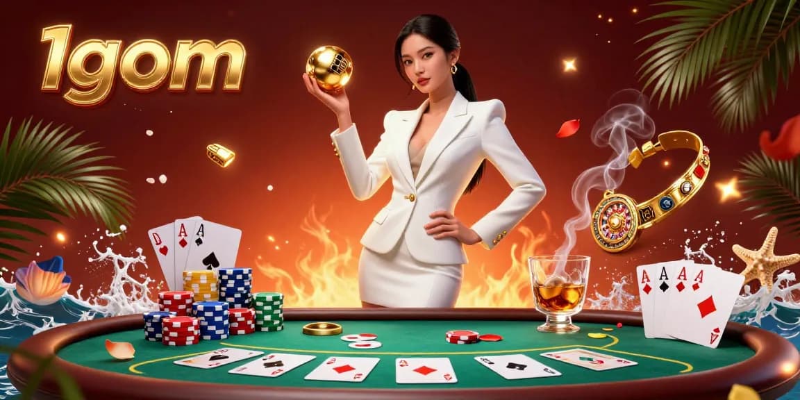 Experience thrilling bets with 1gom, showcasing a confident Asian dealer holding a roulette ball in a luxurious casino.