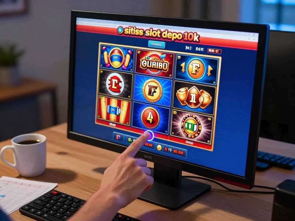 situs slot depo 10k engaging action of pressing spin button on colorful online slot game interface