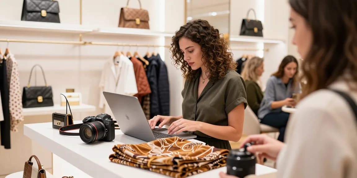 Shoppers exploring high-quality 레플리카 사이트 items in a stylish boutique setting, showcasing fashion detail.