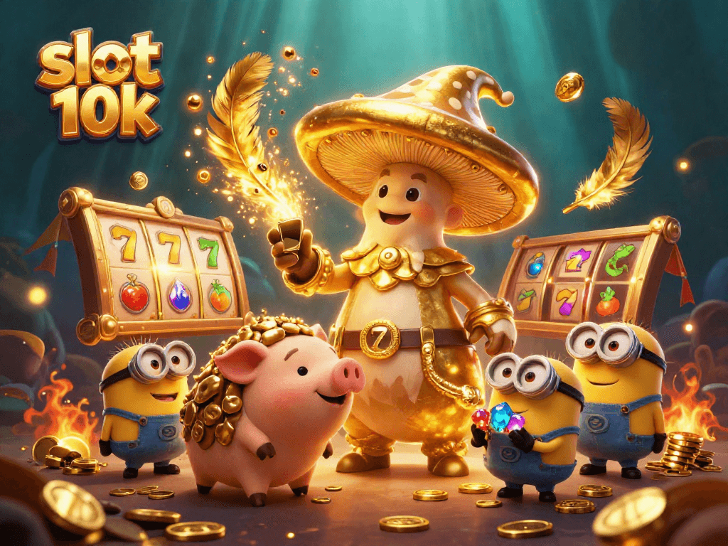 Engage with slot 10k by spinning vibrant reels in a magical 3D casino scene rich with treasures.