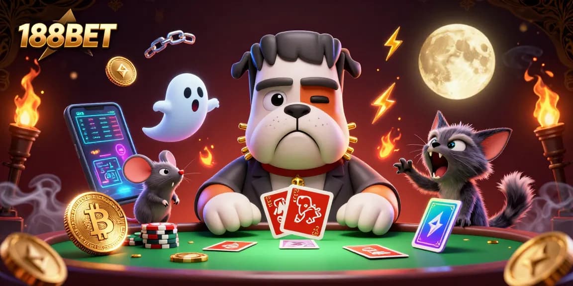 Engage with 188BET’s exciting casino adventure featuring a Frankenstein bulldog dealer and electrifying elements.