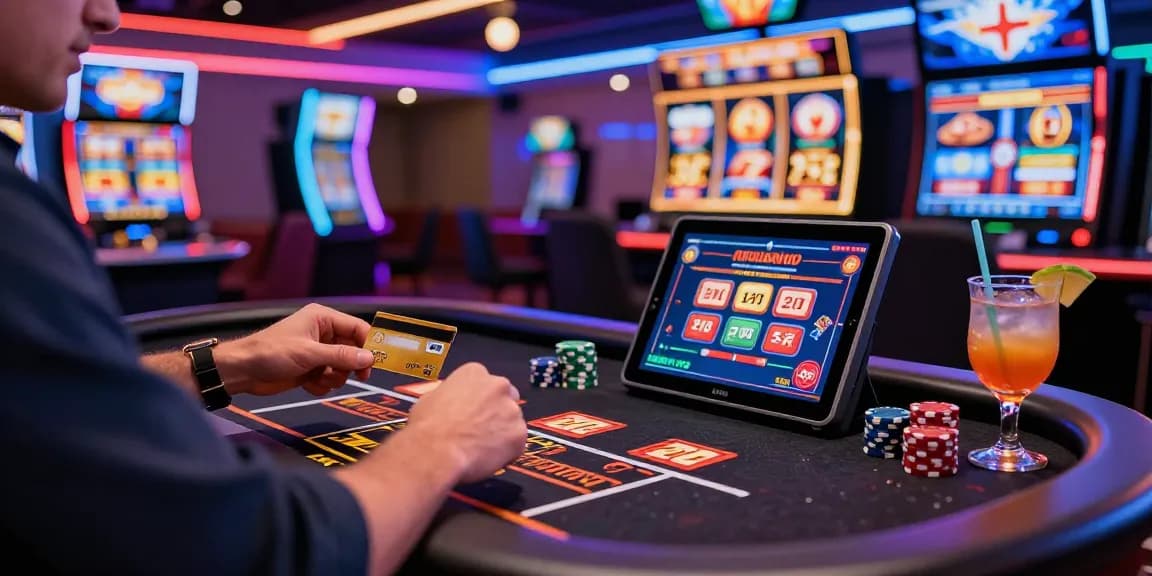 Gamer enjoying exciting slot games at credit card casinos in a vibrant online casino setting.