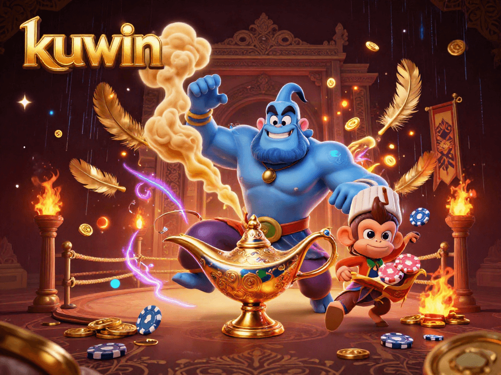 Kuwin introduces thrilling opportunities with a vibrant 3D casino scene featuring a genie and animated characters.