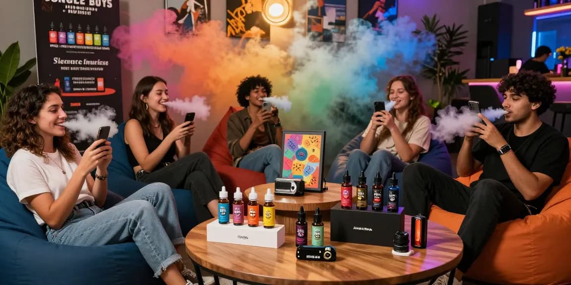 Friends enjoying THC vape Jungle Boys e-liquids in a lively lounge, showcasing flavors and social interaction.