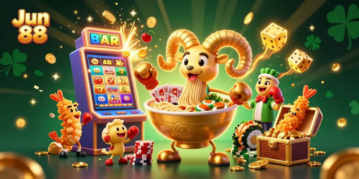 Engage with Jun 88's vibrant casino world featuring a golden ramen bowl dealer and dynamic gaming elements.