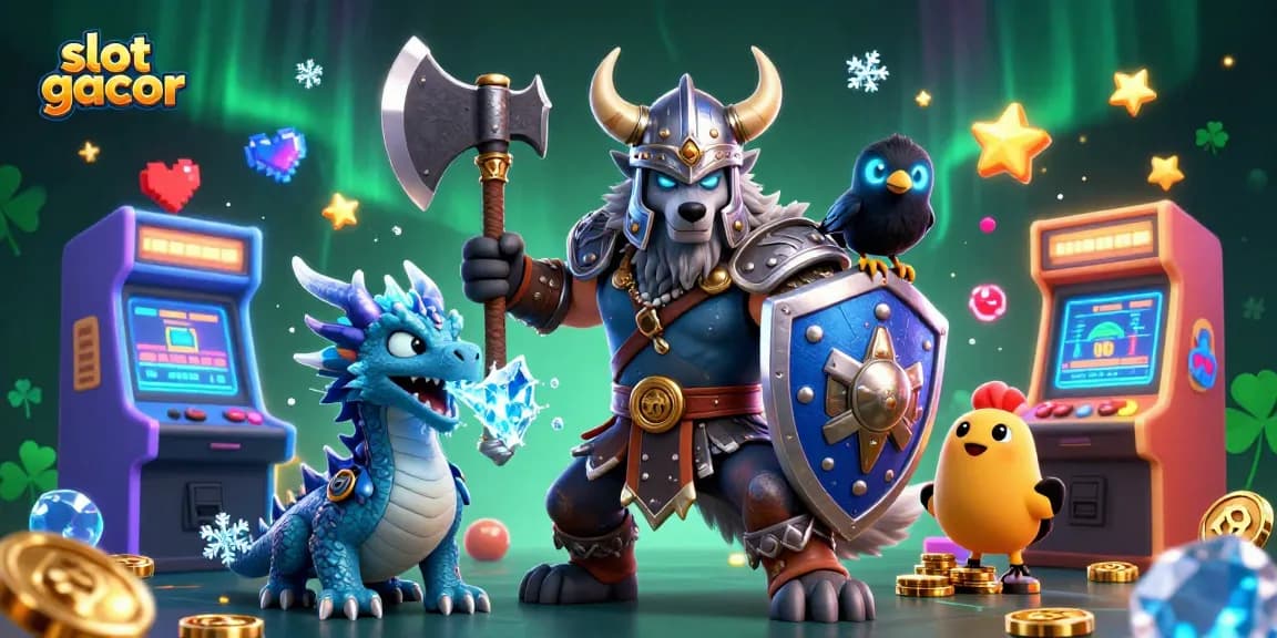 Experience slot gacor excitement with a Viking wolf warrior, dragon, and arcade elements in a thrilling casino atmosphere.