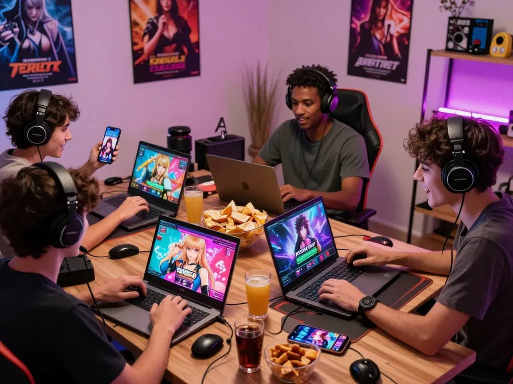 Engaged players enjoying online sex games on laptops and smartphones in a vibrant gaming environment.