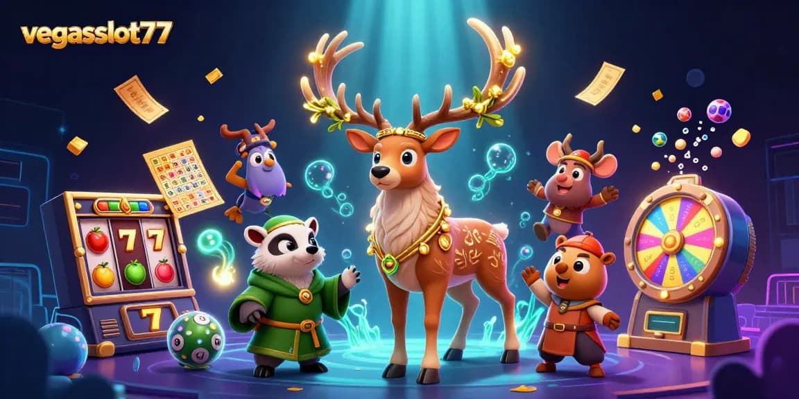 Experience thrilling wins with vegasslot77 as mythical creatures and slot elements merge in a vibrant casino scene.