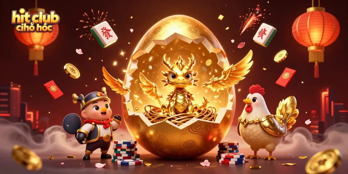 Engage with hit club chính thức as a baby dragon guards golden poker chips in a lively casino scene.