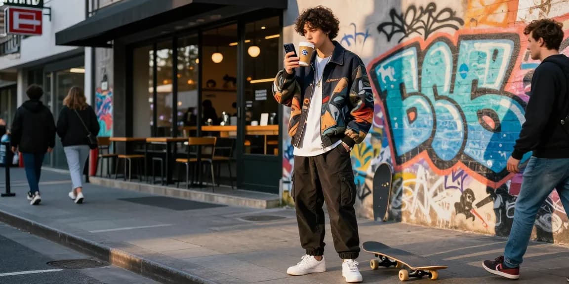 Urban fashion scene featuring stylish individual in 레플리카 outfit, confidently posing in trendy city street.