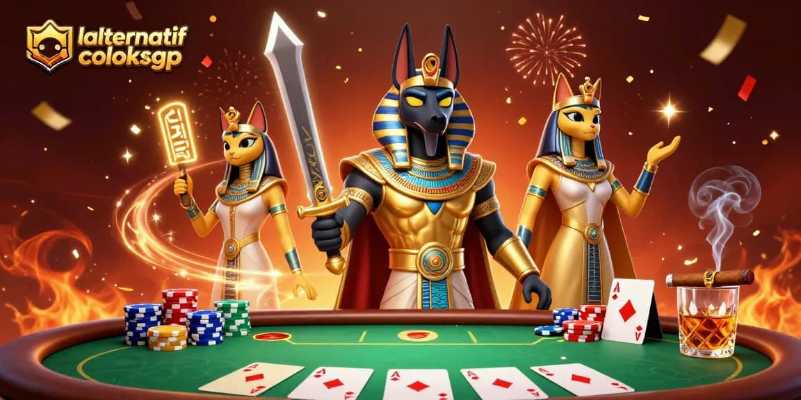 Engage with thrilling poker action at link alternatif coloksgp, featuring Anubis and Bastet in a vibrant 3D casino scene.