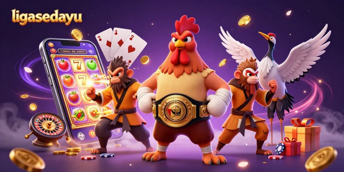Engage with ligasedayu's vibrant casino scene, featuring a Muay Thai rooster and martial artists amid gaming excitement.