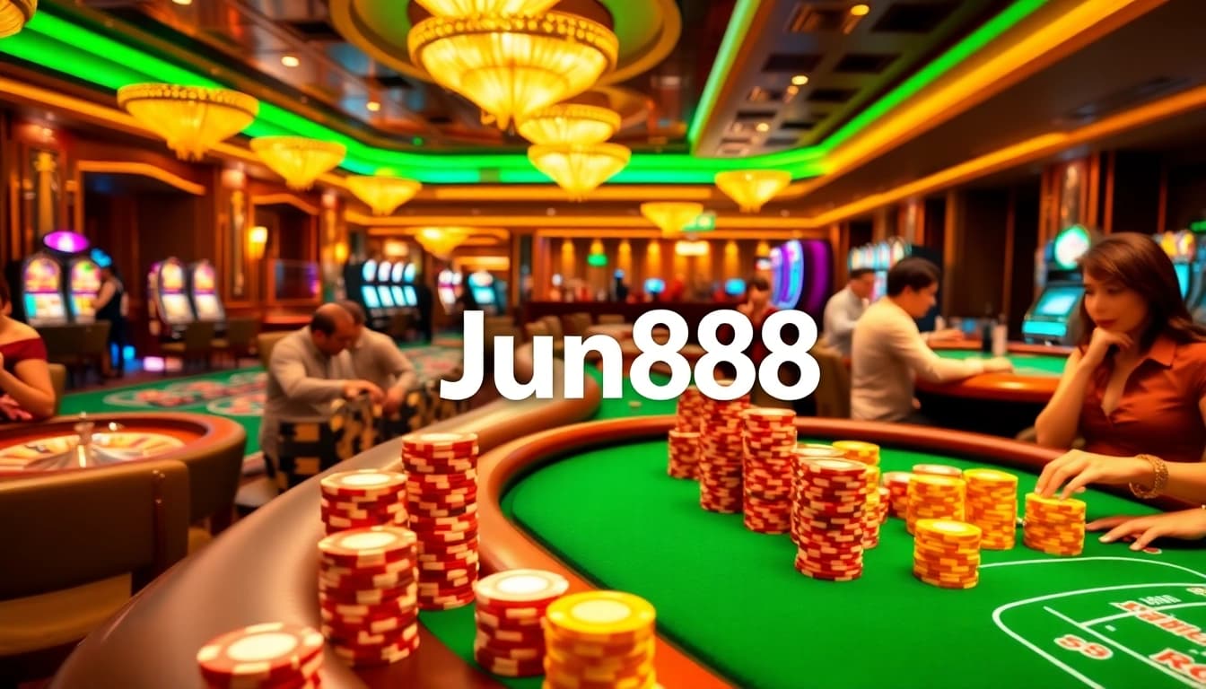 Experience high-stakes gaming at Jun888 with vibrant casino tables and eager players.