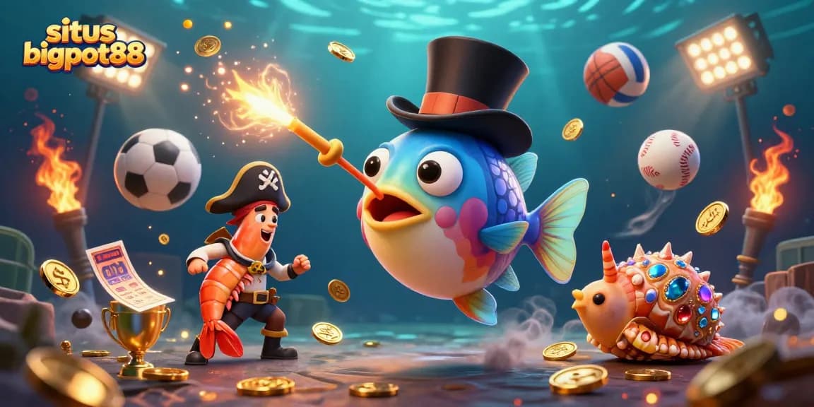 Engage with situs bigpot88 through vibrant 3D slots action featuring anglerfish, shrimp, and winning gold coins.
