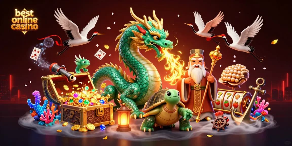Experience the best online casino with a vibrant 3D fantasy scene featuring a jade dragon and lucky symbols.
