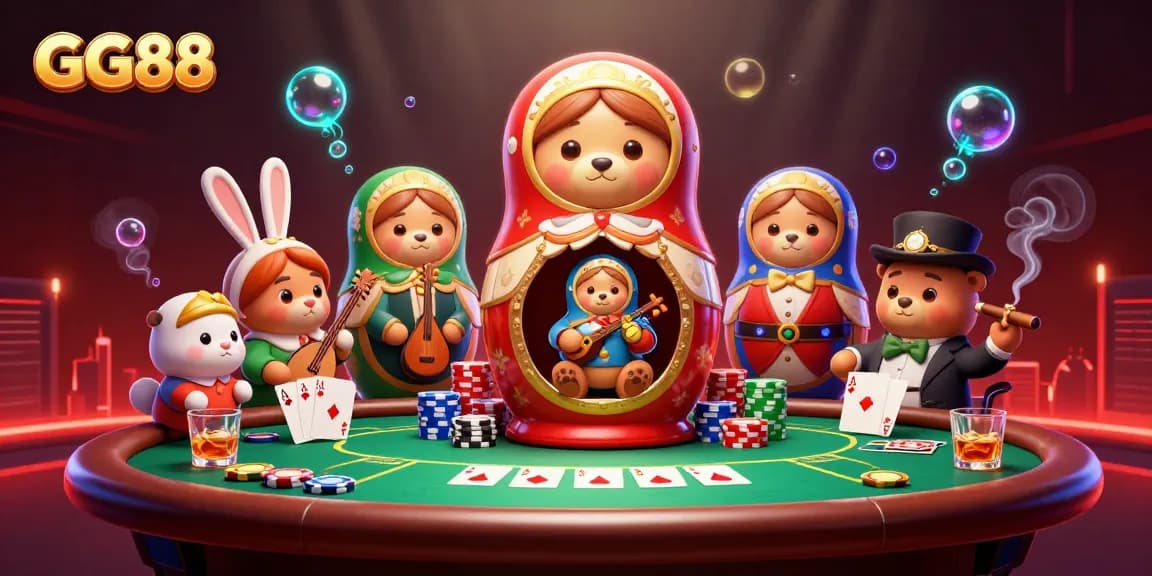 Experience exciting casino action with GG88, featuring cartoon bears at a vibrant poker table.