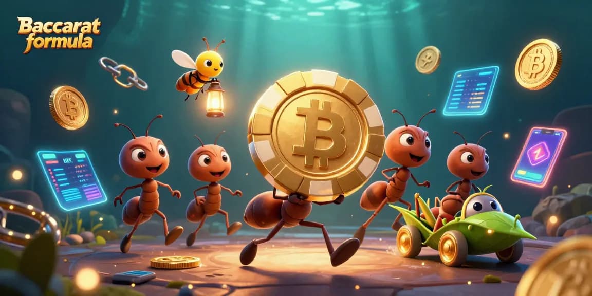 Engage with the Baccarat formula strategy as ants execute a heist with golden chips amidst vibrant casino elements.