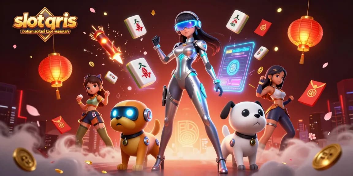 "Slot qris bukan solusi tapi masalah" - Interactive illustration featuring a futuristic character and dynamic floating casino elements.