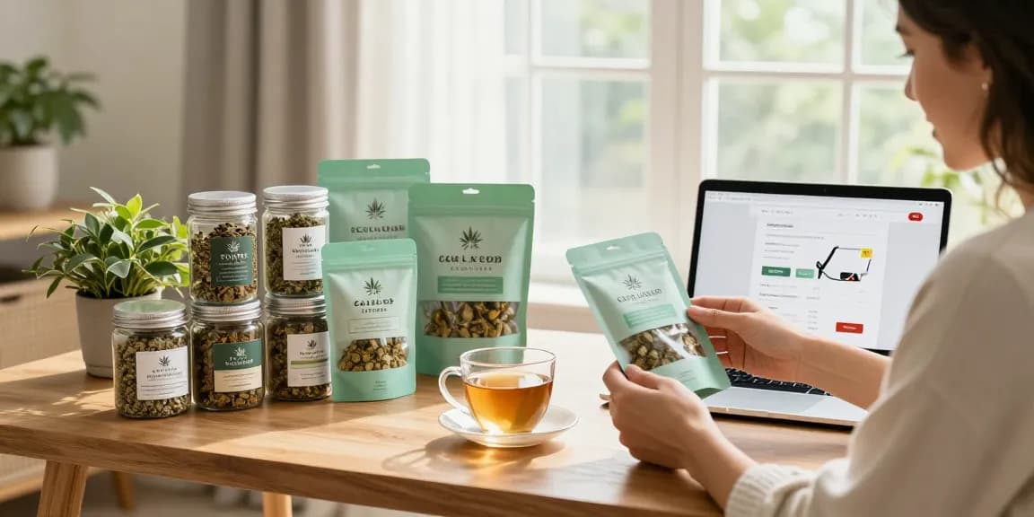 CBD Blüten kaufen in stilvollem Wohnzimmer mit hochwertigen Blüten und Tee