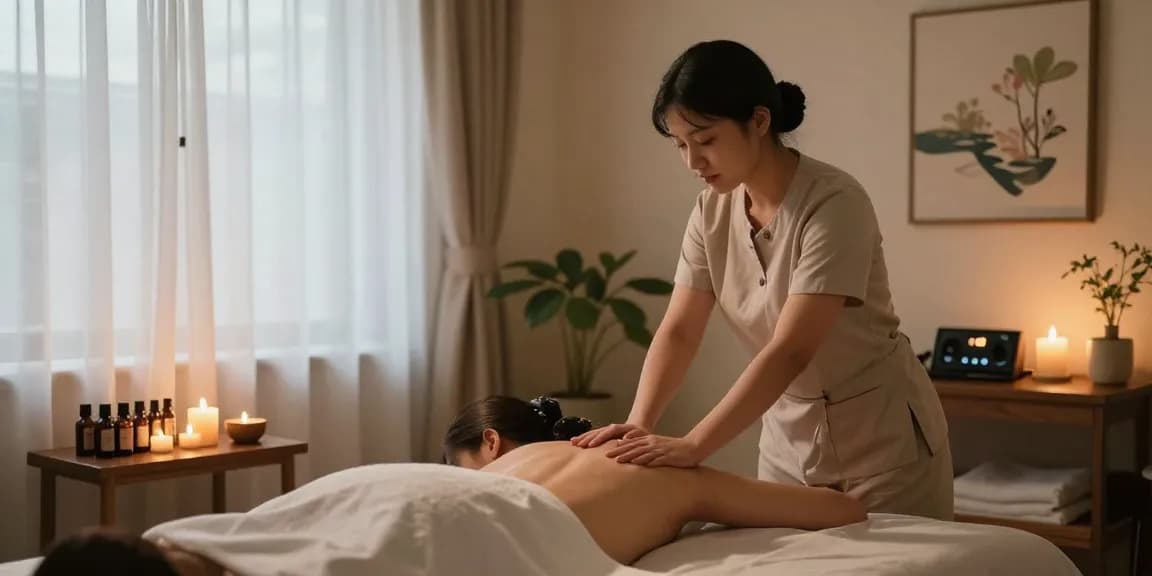 Relaxing 창원마사지 therapy session in a serene studio with calming decor and soft lighting.