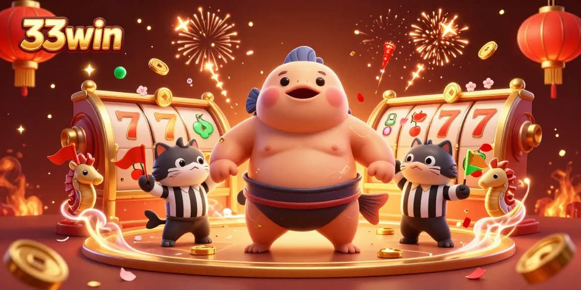 Experience the thrill of winning with 33win in this vibrant, celebratory casino illustration.