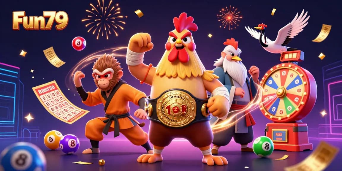 Engage in thrilling Fun79 gaming with dynamic characters and vibrant lottery elements in an energetic casino scene.