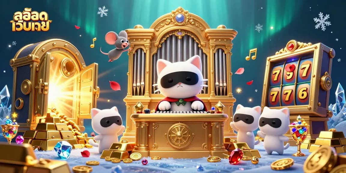 Engage with สล็อตเว็บตรง dynamics around a vibrant casino scene featuring a whimsical cat and treasures.