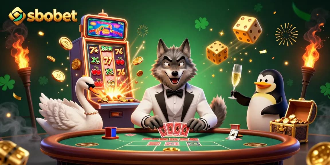 sbobet card table scene with a debonair wolf and elegant swan dealing cards, showcasing lively casino action