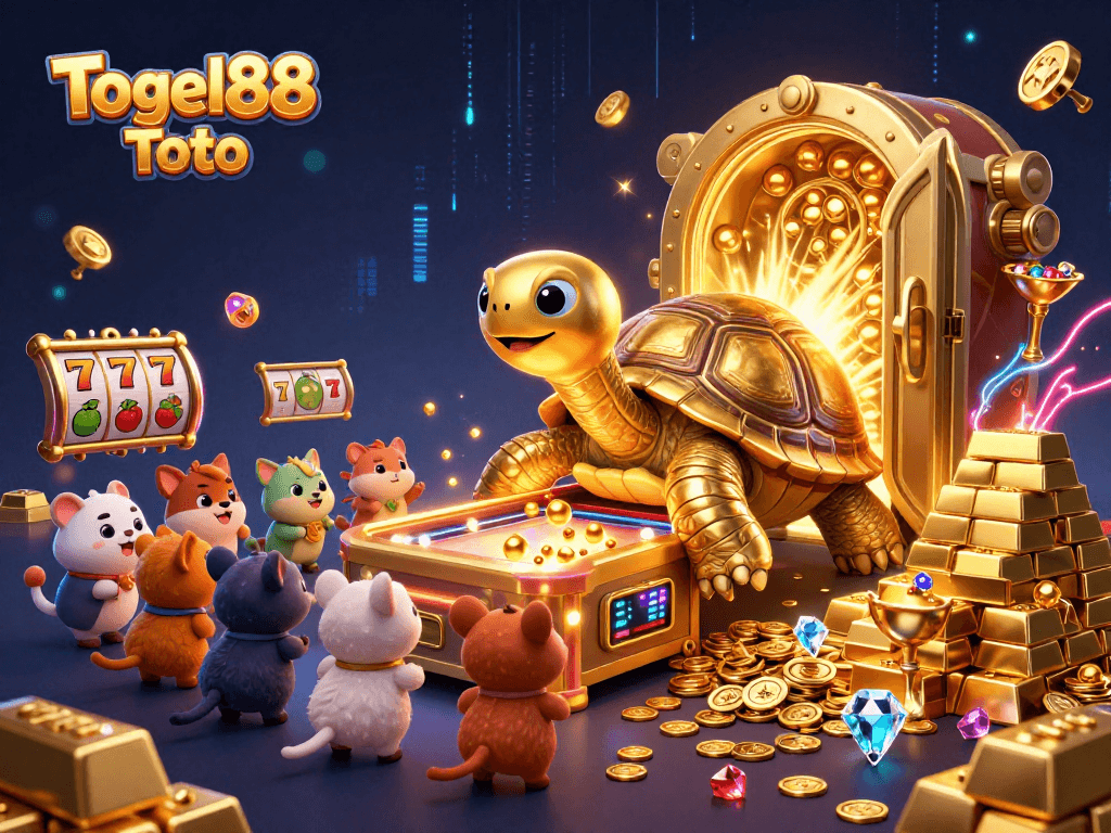 Engage with Togel88 Toto’s thrilling gaming experience featuring a giant tortoise pinball machine amidst a treasure-filled scene.