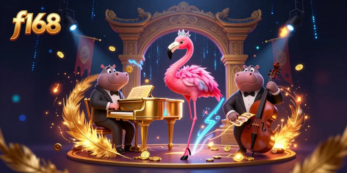 Experience f168's dynamic gaming ambiance with vibrant casino-themed illustration, showcasing energetic characters and elements.