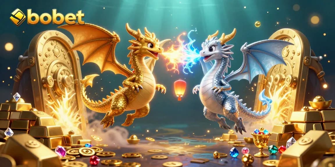 SboBet features thrilling betting action with gold and silver dragons symbolizing fortune.