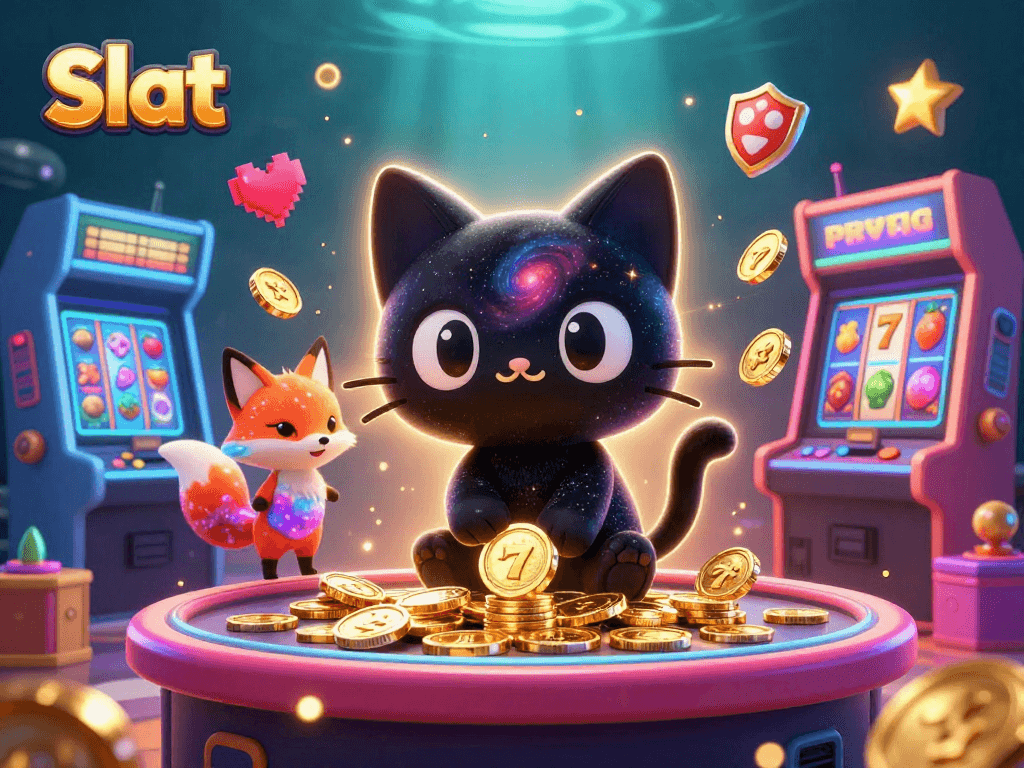 Engaging slot scene with a black hole cat and nebula fox amidst vibrant arcade game elements