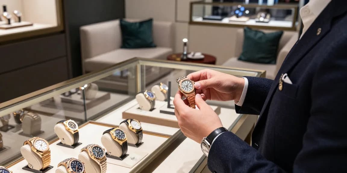Examine a luxurious replica watch collection featuring top brands like Audemars Piguet and Rolex in an elegant showroom.