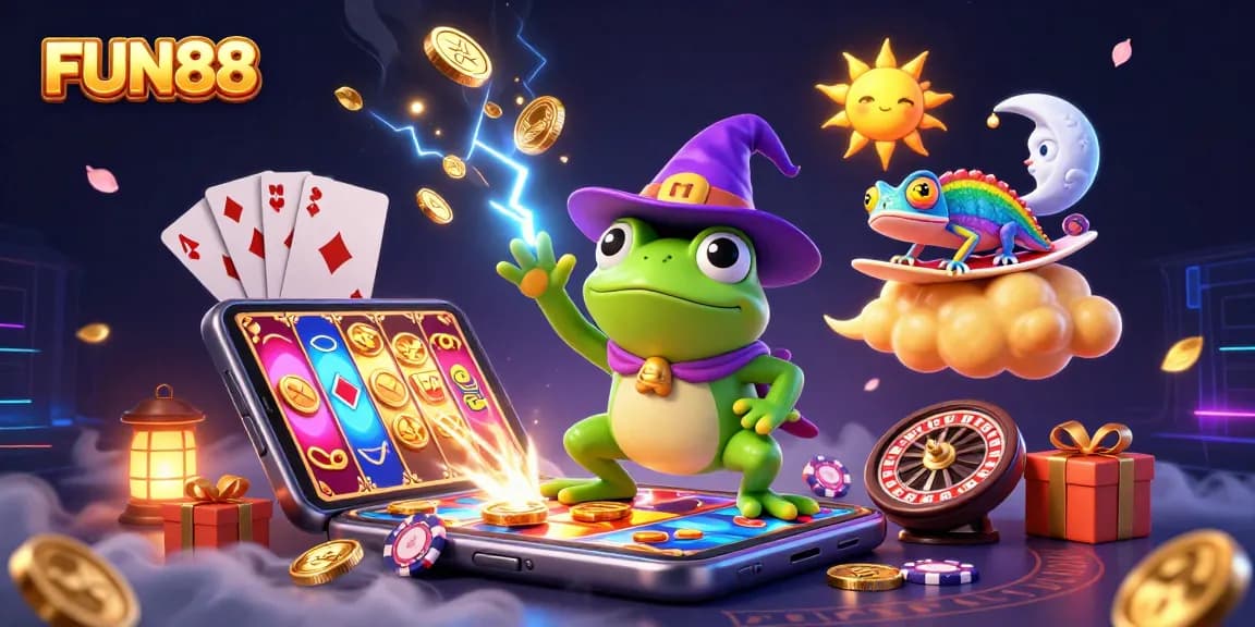 Experience fun with FUN88 as the weather wizard frog conjures golden coins in a thrilling casino world.