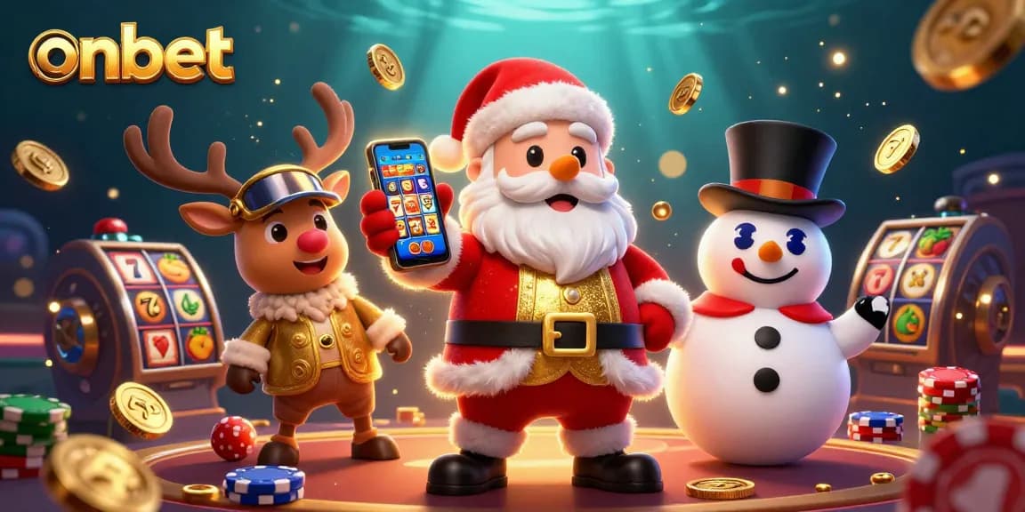 Experience thrilling slots and jackpots at onbet with Santa and friends in a vibrant casino.
