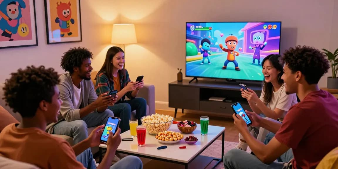 Group of friends enjoying a fun Smash or Pass game night with AI-generated characters and vibrant atmosphere.