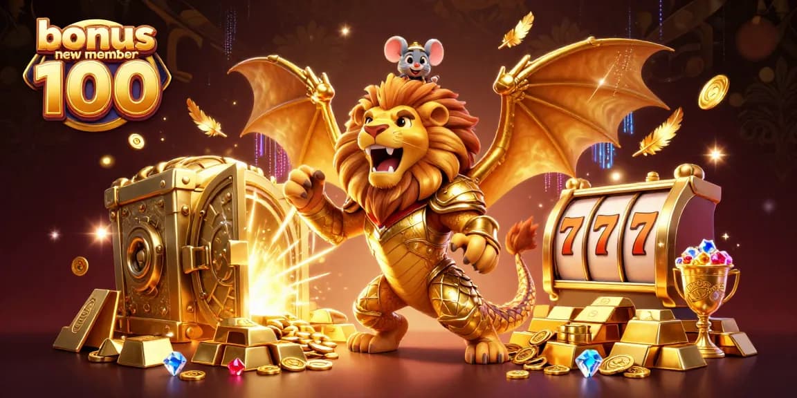 Play and win with bonus new member 100 in a rich, vibrant casino-themed 3D illustration.